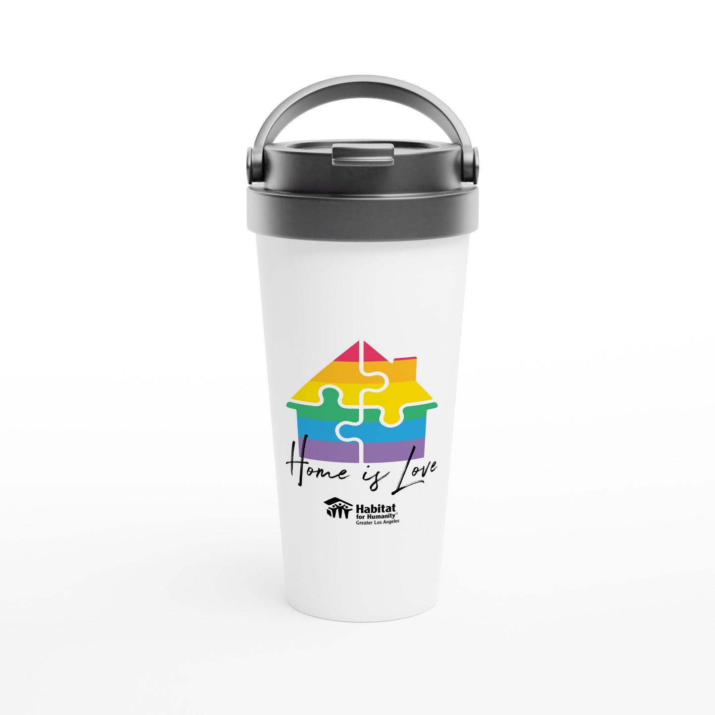 Taza de viaje de acero inoxidable blanca de 15 oz "Home Is Love"