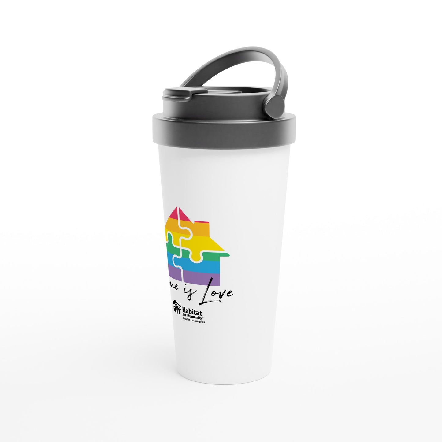 Taza de viaje de acero inoxidable blanca de 15 oz "Home Is Love"