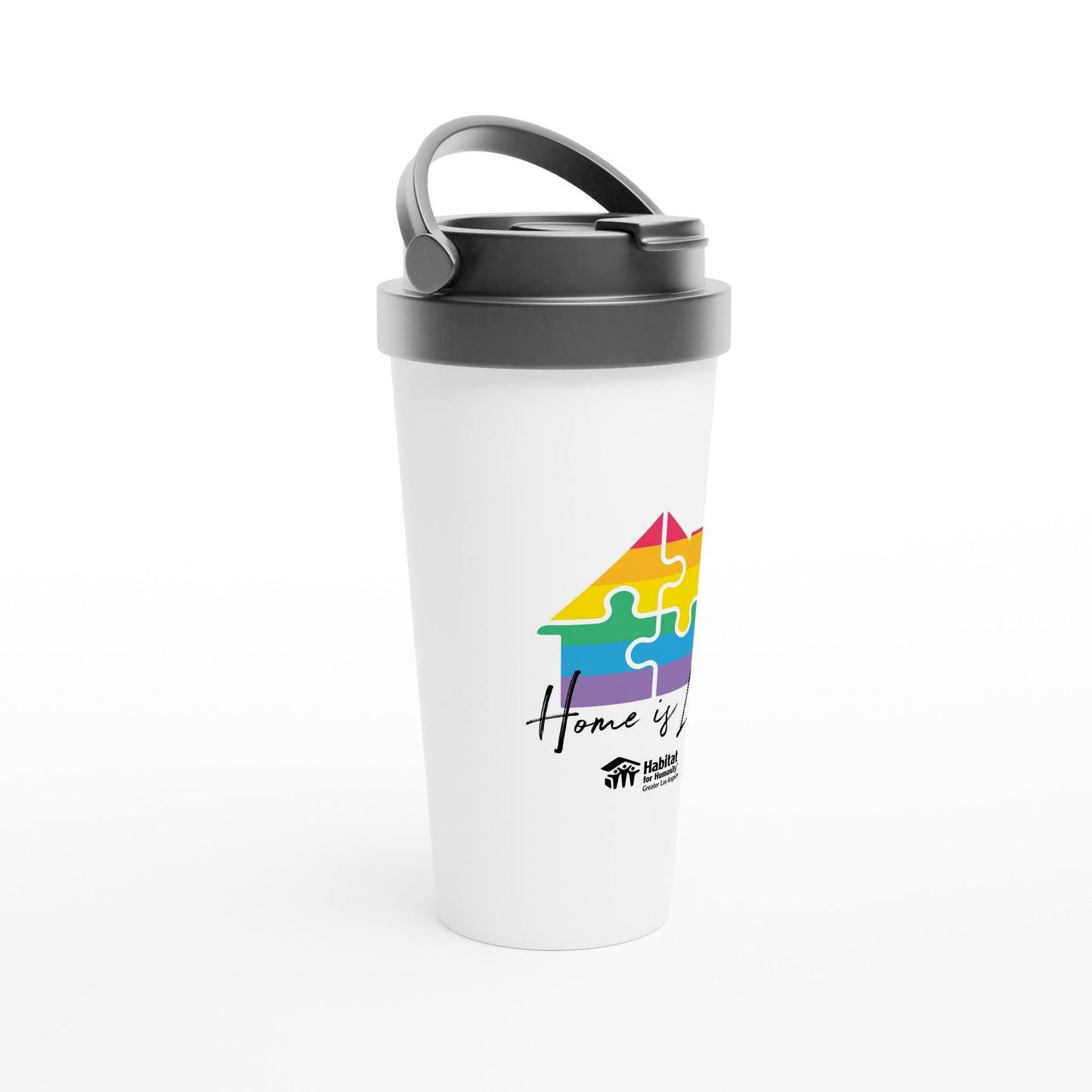 Taza de viaje de acero inoxidable blanca de 15 oz "Home Is Love"