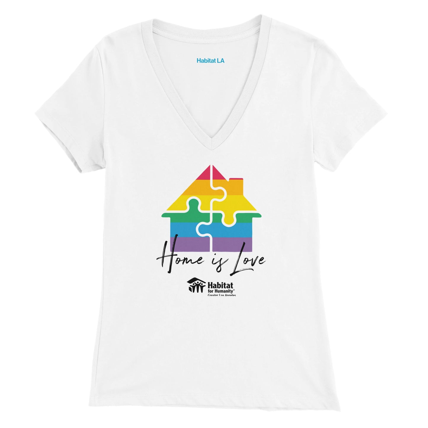 Camiseta premium con cuello en V para mujer "Home is Love" (Blanco) 